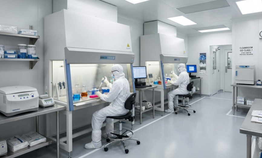 Technicians working under biosafety cabinets in an ISO Class 7 cleanroom
